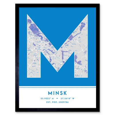 B&Q -  Framed Wall Art Minsk Belarus City Map Modern Typography Stylish Letter Word12X16 Inch
