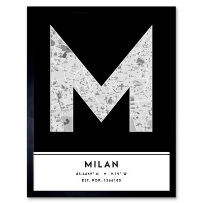 B&Q -  Framed Wall Art Milan Italy City Map Modern Typography Stylish Letter Word12X16 Inch