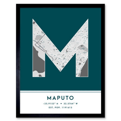 Wee Blue Coo Blue Wee Coo Framed Wall Art Maputo Mozambique City Map Modern Typography Stylish Letter Word - 12X16 Inch