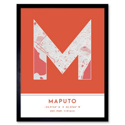 Wee Blue Coo Blue Wee Coo Framed Wall Art Maputo Mozambique City Map Modern Typography Stylish Letter Word - 12X16 Inch