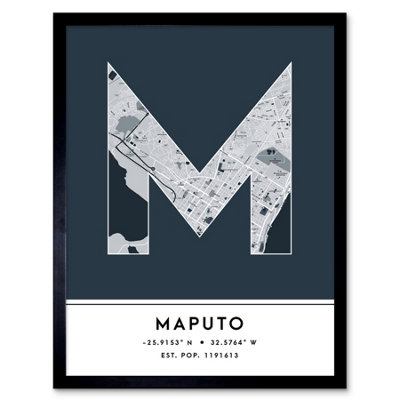 Wee Blue Coo Blue Wee Coo Framed Wall Art Maputo Mozambique City Map Modern Typography Stylish Letter Word - 12X16 Inch