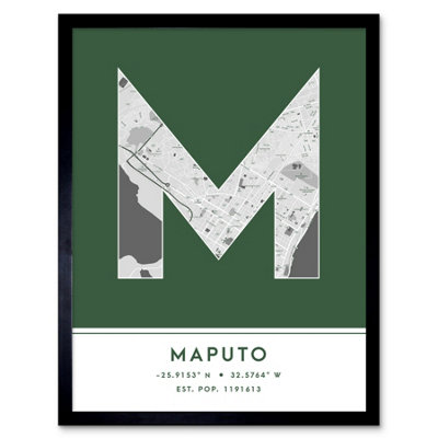 Wee Blue Coo Blue Wee Coo Framed Wall Art Maputo Mozambique City Map Modern Typography Stylish Letter Word - 12X16 Inch