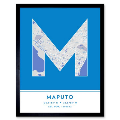Wee Blue Coo Blue Wee Coo Framed Wall Art Maputo Mozambique City Map Modern Typography Stylish Letter Word - 12X16 Inch