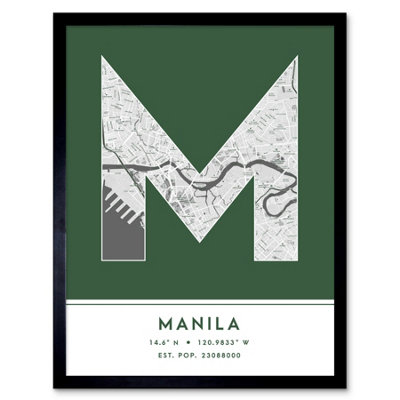 B&Q -  Framed Wall Art Manila Philippines City Map Modern Typography Stylish Letter Word12X16 Inch