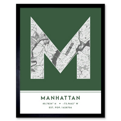 B&Q -  Framed Wall Art Manhattan New York United States City Map Modern Typography Stylish Letter Word12X16 Inch