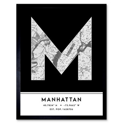 B&Q -  Framed Wall Art Manhattan New York United States City Map Modern Typography Stylish Letter Word12X16 Inch