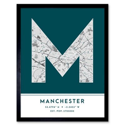 Wee Blue Coo Framed Wall Art Manchester England United Kingdom City Map Modern Typography Stylish Letter Word12X16 Inch from B&Q