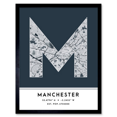 Wee Blue Coo Framed Wall Art Manchester England United Kingdom City Map Modern Typography Stylish Letter Word12X16 Inch from B&Q