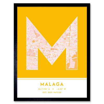 Wee Blue Coo Framed Wall Art Malaga Spain City Map Modern Typography Stylish Letter Word12X16 Inch from B&Q