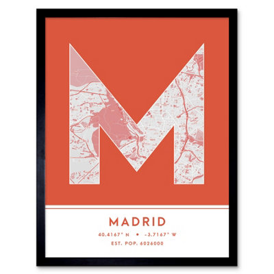Wee Blue Coo Framed Wall Art Madrid Spain City Map Modern Typography Stylish Letter Word12X16 Inch from B&Q