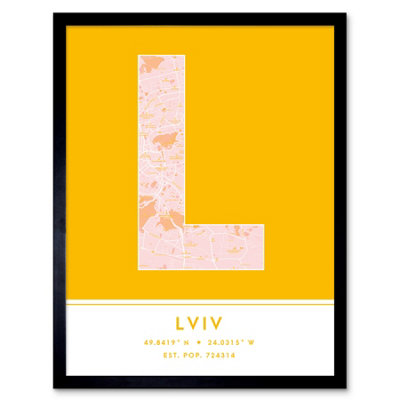 Wee Blue Coo Blue Wee Coo Framed Wall Art Lviv Ukraine City Map Modern Typography Stylish Letter Word - 12X16 Inch