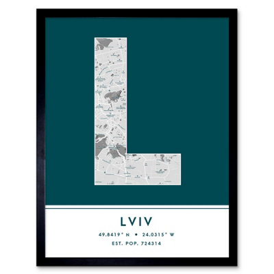 Wee Blue Coo Blue Wee Coo Framed Wall Art Lviv Ukraine City Map Modern Typography Stylish Letter Word - 12X16 Inch