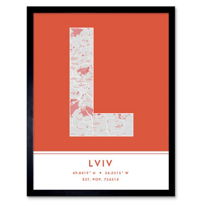 Wee Blue Coo Blue Wee Coo Framed Wall Art Lviv Ukraine City Map Modern Typography Stylish Letter Word - 12X16 Inch