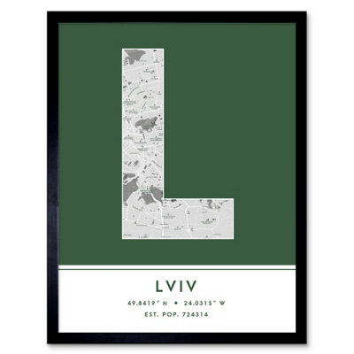 Wee Blue Coo Blue Wee Coo Framed Wall Art Lviv Ukraine City Map Modern Typography Stylish Letter Word - 12X16 Inch