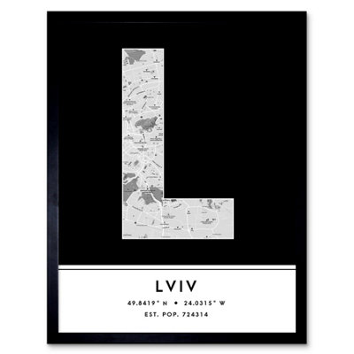 Wee Blue Coo Blue Wee Coo Framed Wall Art Lviv Ukraine City Map Modern Typography Stylish Letter Word - 12X16 Inch