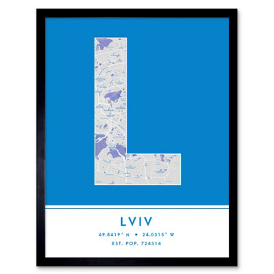 Wee Blue Coo Blue Wee Coo Framed Wall Art Lviv Ukraine City Map Modern Typography Stylish Letter Word - 12X16 Inch