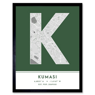 Wee Blue Coo Framed Wall Art Kumasi Ghana City Map Modern Typography Stylish Letter Word12X16 Inch from B&Q