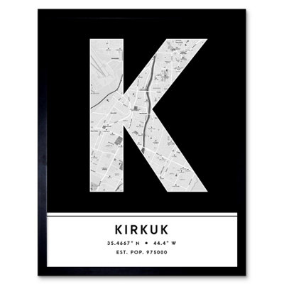 Wee Blue Coo Blue Wee Coo Framed Wall Art Kirkuk Iraq City Map Modern Typography Stylish Letter Word - 12X16 Inch