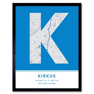 Wee Blue Coo Framed Wall Art Kirkuk Iraq City Map Modern Typography Stylish Letter Word12X16 Inch from B&Q