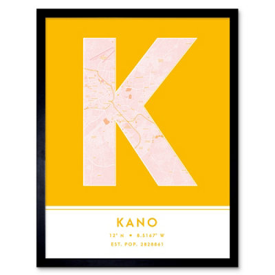 Wee Blue Coo Blue Wee Coo Framed Wall Art Kano Nigeria City Map Modern Typography Stylish Letter Word - 12X16 Inch