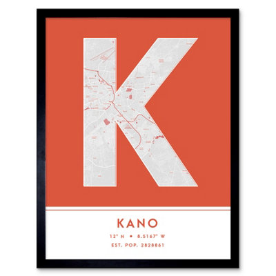 Wee Blue Coo Blue Wee Coo Framed Wall Art Kano Nigeria City Map Modern Typography Stylish Letter Word - 12X16 Inch