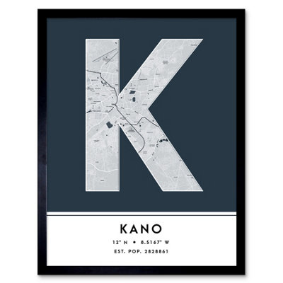 Wee Blue Coo Blue Wee Coo Framed Wall Art Kano Nigeria City Map Modern Typography Stylish Letter Word - 12X16 Inch