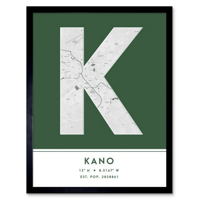 Wee Blue Coo Blue Wee Coo Framed Wall Art Kano Nigeria City Map Modern Typography Stylish Letter Word - 12X16 Inch