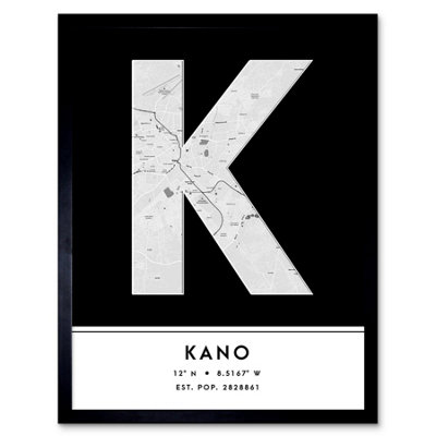 Wee Blue Coo Blue Wee Coo Framed Wall Art Kano Nigeria City Map Modern Typography Stylish Letter Word - 12X16 Inch