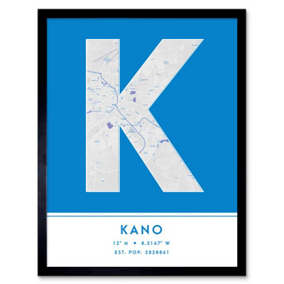 Wee Blue Coo Blue Wee Coo Framed Wall Art Kano Nigeria City Map Modern Typography Stylish Letter Word - 12X16 Inch