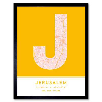 Wee Blue Coo Blue Wee Coo Framed Wall Art Jerusalem City Map Modern Typography Stylish Letter Word - 12X16 Inch