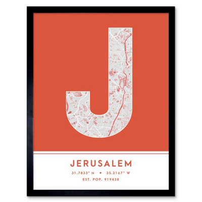 Wee Blue Coo Blue Wee Coo Framed Wall Art Jerusalem City Map Modern Typography Stylish Letter Word - 12X16 Inch