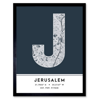 Wee Blue Coo Framed Wall Art Jerusalem City Map Modern Typography Stylish Letter Word12X16 Inch from B&Q