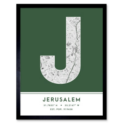 Wee Blue Coo Blue Wee Coo Framed Wall Art Jerusalem City Map Modern Typography Stylish Letter Word - 12X16 Inch