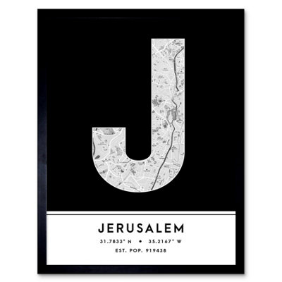 Wee Blue Coo Blue Wee Coo Framed Wall Art Jerusalem City Map Modern Typography Stylish Letter Word - 12X16 Inch