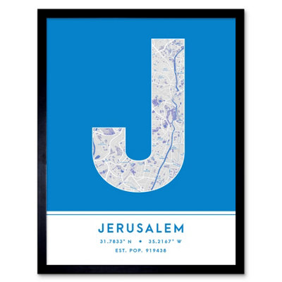 Wee Blue Coo Blue Wee Coo Framed Wall Art Jerusalem City Map Modern Typography Stylish Letter Word - 12X16 Inch