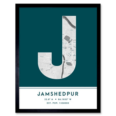 B&Q -  Framed Wall Art Jamshedpur India City Map Modern Typography Stylish Letter Word12X16 Inch