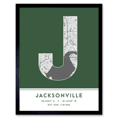 B&Q -  Framed Wall Art Jacksonville Florida United States City Map Modern Typography Stylish Letter Word12X16 Inch