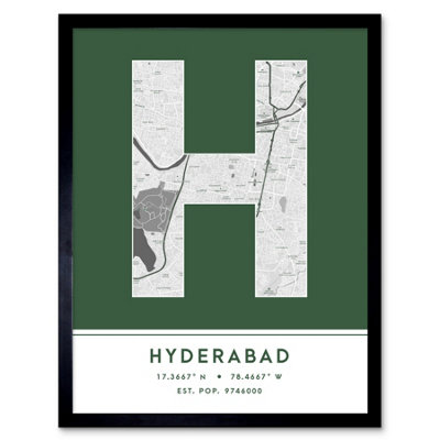 B&Q -  Framed Wall Art Hyderabad India City Map Modern Typography Stylish Letter Word12X16 Inch