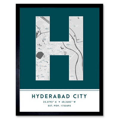Wee Blue Coo Blue Wee Coo Framed Wall Art Hyderabad City Pakistan City Map Modern Typography Stylish Letter Word - 12X16 Inch