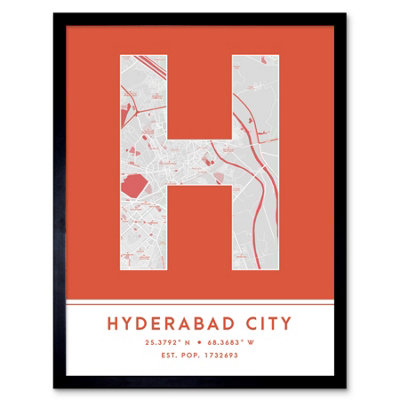 Wee Blue Coo Blue Wee Coo Framed Wall Art Hyderabad City Pakistan City Map Modern Typography Stylish Letter Word - 12X16 Inch