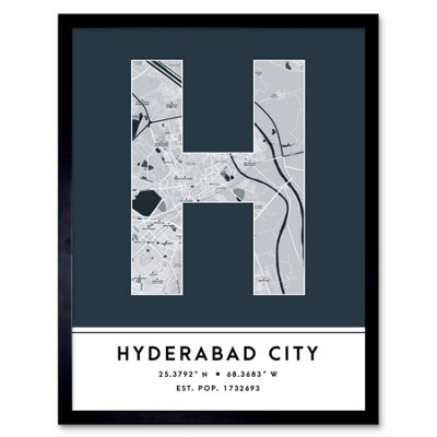 Wee Blue Coo Blue Wee Coo Framed Wall Art Hyderabad City Pakistan City Map Modern Typography Stylish Letter Word - 12X16 Inch