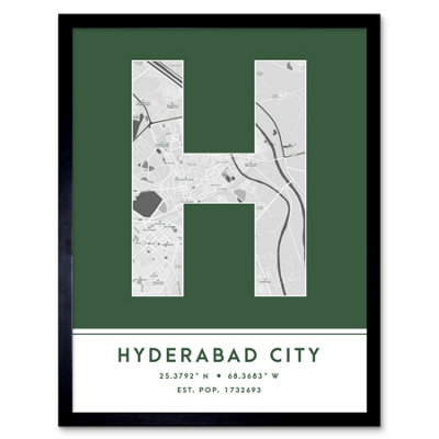Wee Blue Coo Blue Wee Coo Framed Wall Art Hyderabad City Pakistan City Map Modern Typography Stylish Letter Word - 12X16 Inch