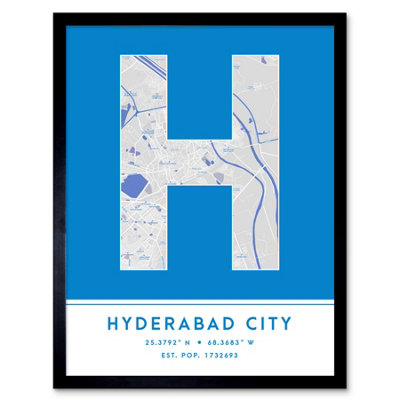 Wee Blue Coo Blue Wee Coo Framed Wall Art Hyderabad City Pakistan City Map Modern Typography Stylish Letter Word - 12X16 Inch