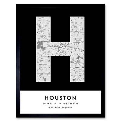 B&Q -  Framed Wall Art Houston Texas United States City Map Modern Typography Stylish Letter Word12X16 Inch