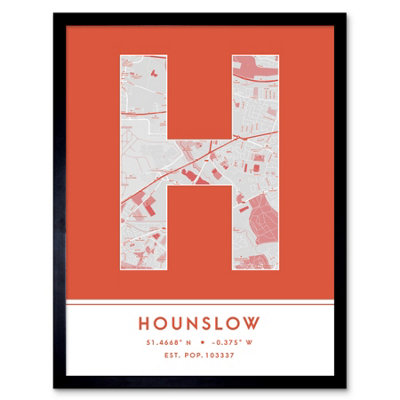 Wee Blue Coo Blue Wee Coo Framed Wall Art Hounslow England United Kingdom City Map Modern Typography Stylish Letter Word - 12X16 Inch