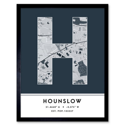 Wee Blue Coo Blue Wee Coo Framed Wall Art Hounslow England United Kingdom City Map Modern Typography Stylish Letter Word - 12X16 Inch