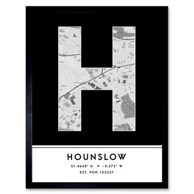 Wee Blue Coo Blue Wee Coo Framed Wall Art Hounslow England United Kingdom City Map Modern Typography Stylish Letter Word - 12X16 Inch