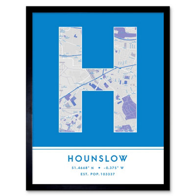 Wee Blue Coo Blue Wee Coo Framed Wall Art Hounslow England United Kingdom City Map Modern Typography Stylish Letter Word - 12X16 Inch