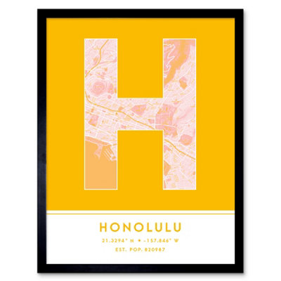 Wee Blue Coo Blue Wee Coo Framed Wall Art Honolulu Hawaii United States City Map Modern Typography Stylish Letter Word - 12X16 Inch