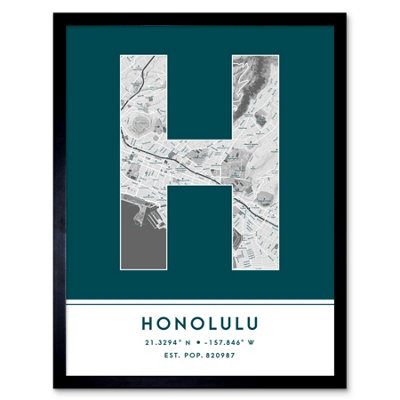 Wee Blue Coo Blue Wee Coo Framed Wall Art Honolulu Hawaii United States City Map Modern Typography Stylish Letter Word - 12X16 Inch